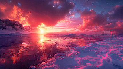 Fototapeta premium An ultra HD view of a nature glacier at sunrise, the sky glowing with vibrant colors and the ice reflecting the light