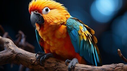 A close-up of a colorful parrot perched on a branch, with its vibrant feathers and curious expression adding a splash of tropical color to the lush jungle backdrop. Minimal and Simple, - Powered by Adobe