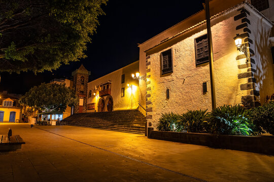 Plaza with colonial-style buildings at night in Satna Cruz de la Palma, Canary Islands.