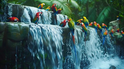 African parrots in a harmonious symphony of colors perched on a cascading waterfall in a lush rainforest.