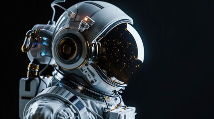 Fototapeta premium An astronaut in a space suit with a helmet on his head. The helmet is glowing with a yellow light