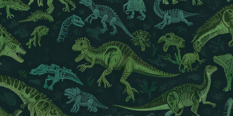 Fun, seamless pattern of various dinosaur fossils and bones in earthy tones, perfect for paleontology projects, educational materials for kids, or prehistoric-themed designs