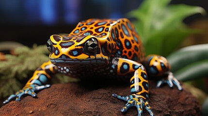 Fototapeta premium A close-up of a colorful poison dart frog perched on a leaf, with vibrant patterns and bold colors warning of its toxic nature, showcasing the exotic beauty and biodiversity of tropical wildlife.