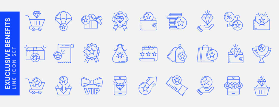 Exclusive benefit thin line icons. Loyalty program linear blue icon set with reward, incentive, voucher, coupon, trophy award, gifts and vip client card. Stars in bag or wallet. Special bonus symbols.