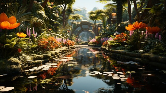 A lush tropical garden with winding pathways and vibrant blooms, inviting viewers to wander and explore the enchanting beauty of exotic botanicals in full bloom. Minimal and Simple,