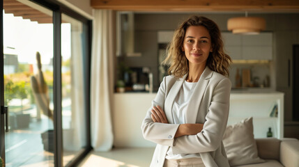 Obraz premium Businesswoman (engineer, architect, real estate agent, lawyer) standing in her house in living room