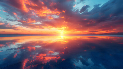 An ultra HD view of a nature salt flat at sunrise, the sky glowing with vibrant colors and the surface reflecting the light