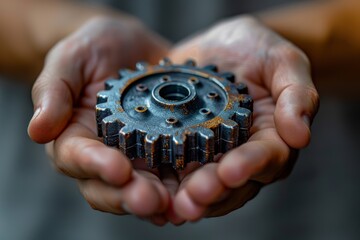An illustration of a businessman holding one metal gear which means an individual worker is an important part of a company and workplace.