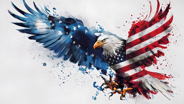 illustration of a bald eagle in a watercolor style that mixes American patriotic colors: blue, red and white.