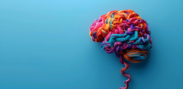 A human brain made of colorful tangled threads on a blue background with a banner for copy space. Concept of neurodiversity and mental problems.