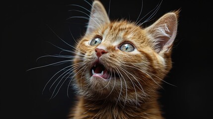 Funny Portrait of Happy Smiling Ginger Cat Gazing with opened Mouth and big eyes on Isolated Black Background