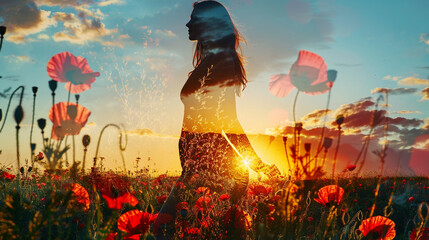 Double exposure image combining a woman's graceful stance with the vibrant explosion of a field of poppies at sunset.