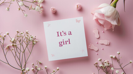 cute birth day card, text " It's a girl" with cute footprints, blue tones. Beautiful invitation card, greeting card, announcement card for a newborn baby. Birth card mockup.