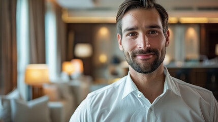 Obraz premium Male maid (cleaning) in hotel room