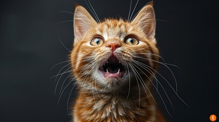Funny Portrait of Happy Smiling Ginger Cat Gazing with opened Mouth and big eyes on Isolated Black Background