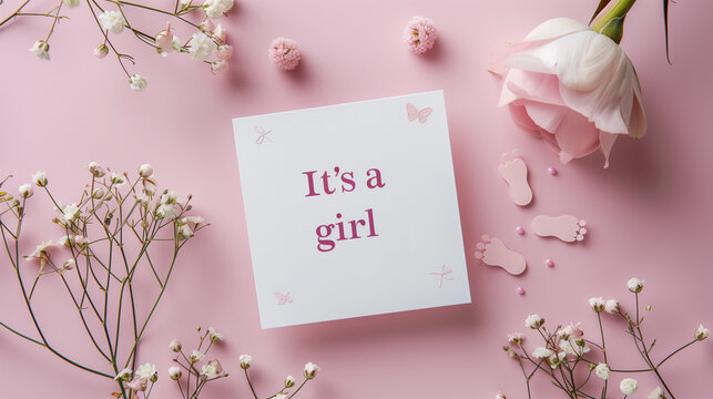cute birth day card, text " It's a girl" with cute footprints, blue tones. Beautiful invitation card, greeting card, announcement card for a newborn baby. Birth card mockup.