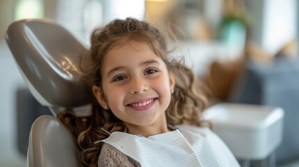 Caucasian joyful girl 8 years old sits in the dentist's chair and smiles looking at the camera. pediatric dentistry, children's dental health