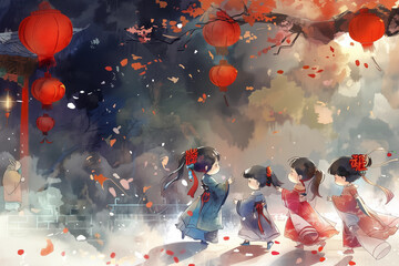 Cartoon with chinese women at the qixi festival