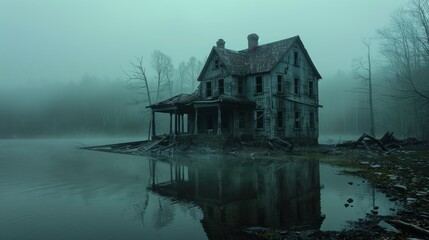 Obraz premium Haunted House on the Lake with Dark Horror Atmosphere. Haunted Lake Scene House.