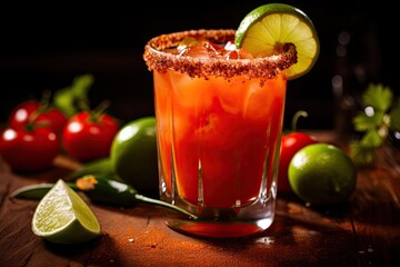Fototapeta premium Spicy Bloody Mary Cocktail with Lime Garnish