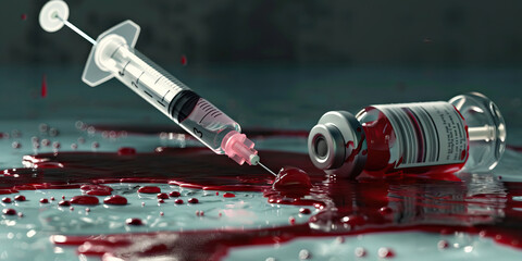 Fatal consequences an empty syringe lies beside puddle of blood. Addiction and drugs. Needle.