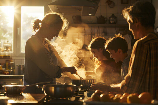 A candid moment of a family cooking together in their kitchen, laughter and teamwork, warm lighting, and homely atmosphere