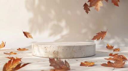 Autumn stone podium mockup template. Background with falling leaves and copy space.