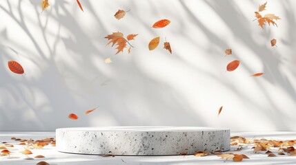 Autumn stone podium mockup template. Background with falling leaves and copy space.