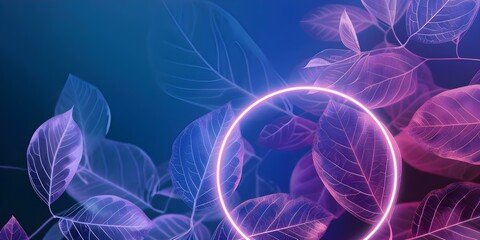 Neon Pink Light Ring Illuminating Abstract Leaves against Dark Background. Concept Neon Lights, Abstract Leaves, Dark Background, Pink Illumination, Light Ring