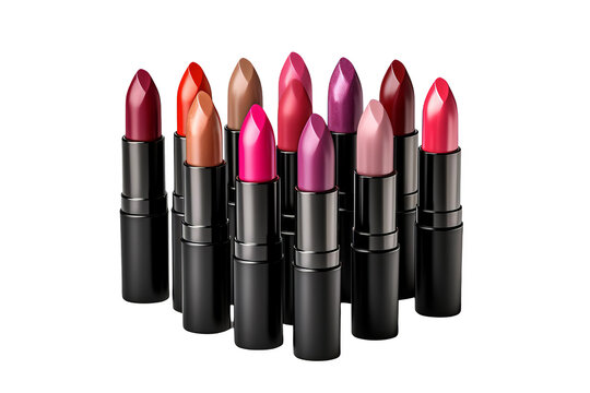 A collection of various colorful lipsticks arranged in a circle.  The lipstick tubes are black and the lipsticks are in shades of red, pink, and brown.