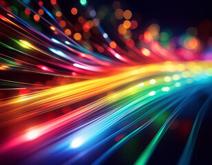 Optic fibre tips illuminated with rainbow colors in dark background