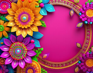 Greeting card banner for festival. Colorful floral mandala patterns on a vibrant pink background