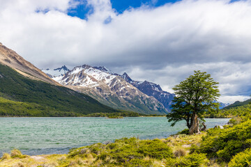 El Chalten Patagonia mountain landscapes. Mount Fitz Roy beautiful granite rock summit in Argentina. Los Glaciares national park in Argentina with stunning view of the lake with icebergs floating ice