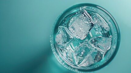 An enticing overhead view of campaign being poured into a glass filled with ice, against a serene teal background, inviting viewers to unwind and enjoy a moment of relaxation.