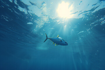 Obraz premium A large tuna swims through clear blue water, with sun rays penetrating the water