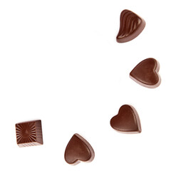 Chocolate candies isolated on white. Collage. Free space for text.