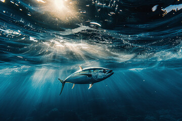 A large tuna swims through clear blue water, with sun rays penetrating the water