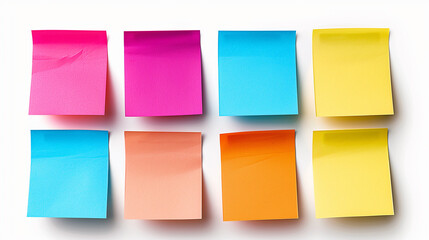Fototapeta premium Assortment of colorful sticky notes arranged in rows on a white background with natural shadows