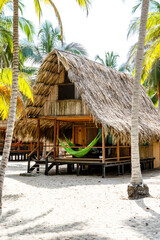 Wooden hut on the beach with palm trees in Palomino, Colombia, South America