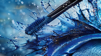 Close-up of glamorous bright eye makeup, blue mascara brush, trend color classic blue, women's eye. Close-up of eye makeup, eye shadow in different shades of blue, Blue shadows, blue mascara