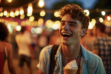 Fototapeta premium Man laughing with ice cream at lively summer night festival
