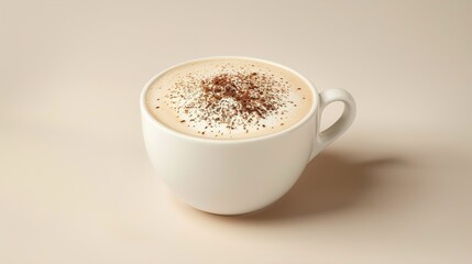 A classic cappuccino in a white porcelain cup, adorned with frothy milk foam and a sprinkle of cocoa powder, set against a soft cream background, promising a creamy and indulgent experience.
