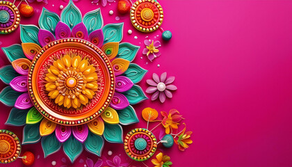 Greeting card banner for festival. Colorful floral mandala patterns on a vibrant pink background