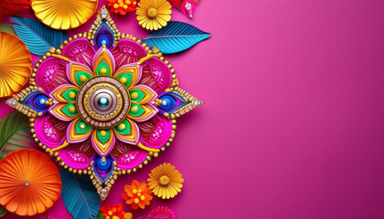 Greeting card banner for festival. Colorful floral mandala patterns on a vibrant pink background