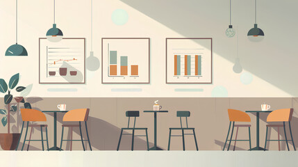 Fototapeta premium a minimalist illustration depicting various graphs hovering above empty chairs and tables arranged in a coffee shop setting