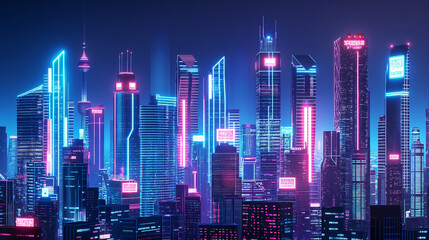 Fototapeta premium A cityscape with neon lights and tall buildings