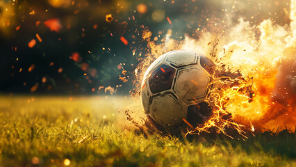 Fiery soccer ball making contact on a dewy field