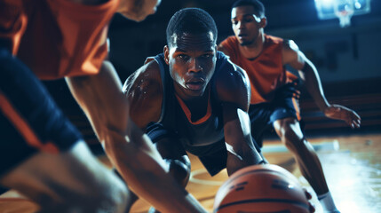 Intense basketball game in indoor gym, focused player defending