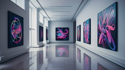 Interior View of Contemporary Art Gallery with Neon Colors