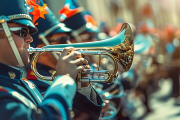 A brass band musician plays a trumpet during a lively parade, confetti raining down.